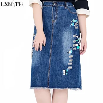

LXMSTH 6XL 7XL Sequin Skirt Women Denim Skirt 2019 New Fashion Hole Ladies Casual Skirts Midi Summer Plus Size Elastic Waist