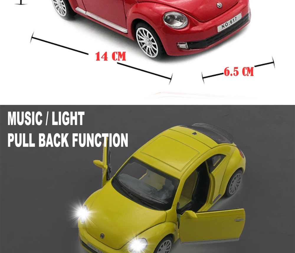 Масштабная литая Модель Коллекционная машина Beetle, подарок для мальчиков, металлические игрушки с открывающимися дверцами/функция оттягивания/музыка/светильник