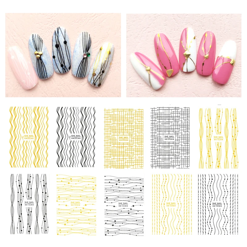 

Nail Sticker Adhesive Transfer Decals Tips Mixed Patterns Wave Stripe Lines Design Gold Black 3D Nail Art Decorations