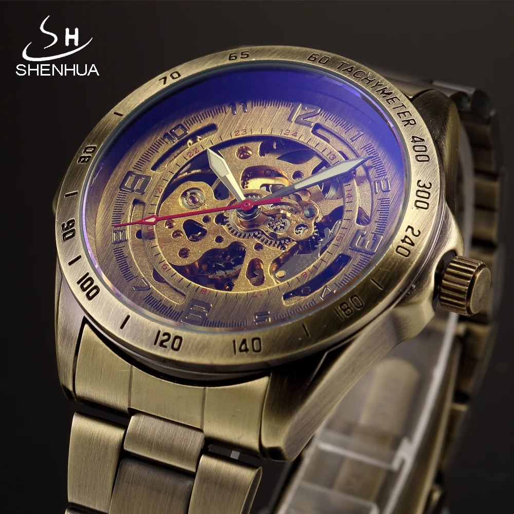 

SHENHUA Vintage Bronze Metal Mechanical Watch Men Skeleton Automatic Transparent Wrist Watches Luminous Hands Male Wristwatch