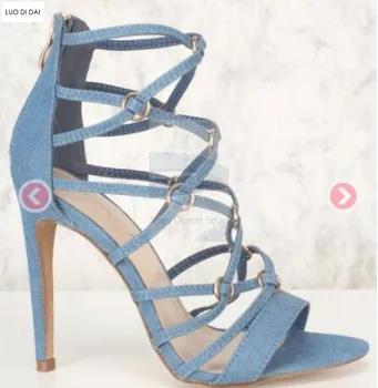 

2019 new women runway shoes denim blue sandals cuts out shoes open toe sandals thin heel cross strap party shoes