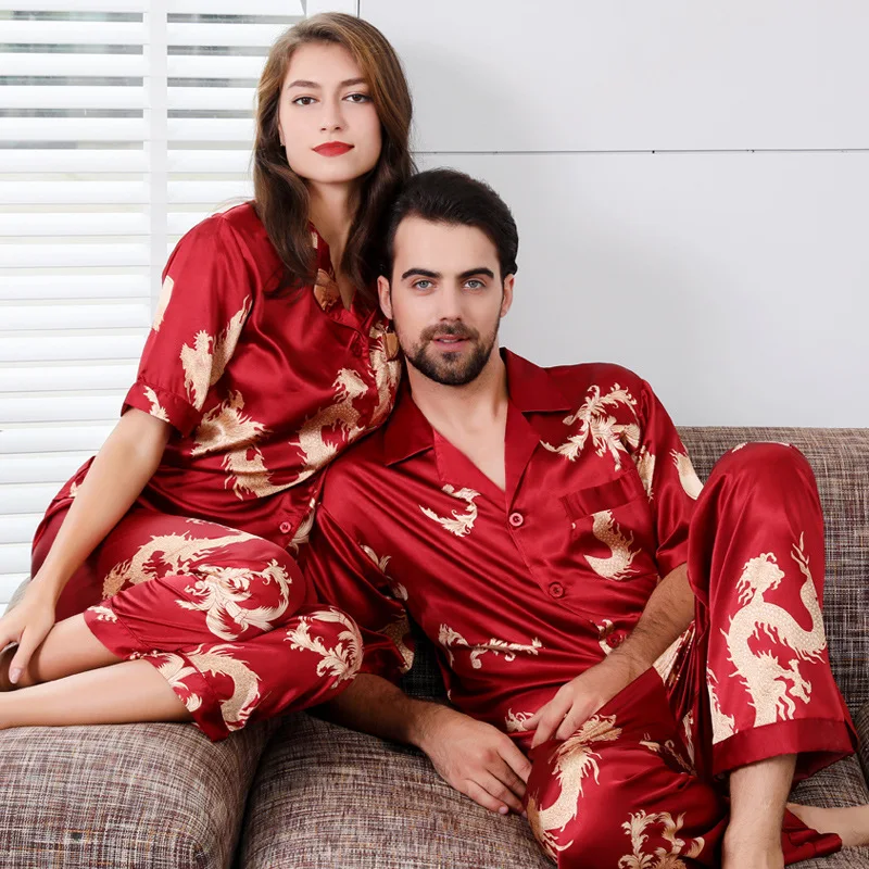 Мужской пижамный комплект с принтом китайского дракона, атласный Шелковый пижамный комплект из 2 предметов, парные пижамы с коротким рукавом из искусственного шелка, домашняя одежда, ночное белье
