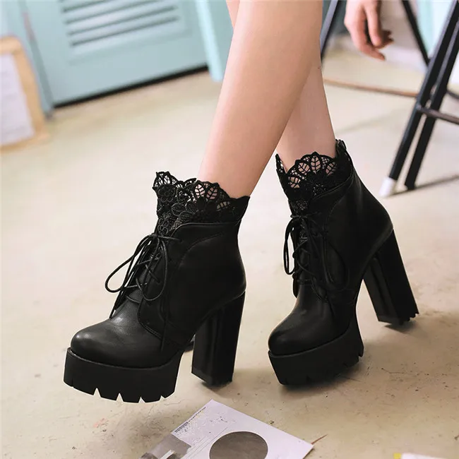 YMECHIC Lady Lace Up Platform Block High Heel Ankle Short Motorcycle Boots White Black Womens Autumn Gothic Shoes Plus Size