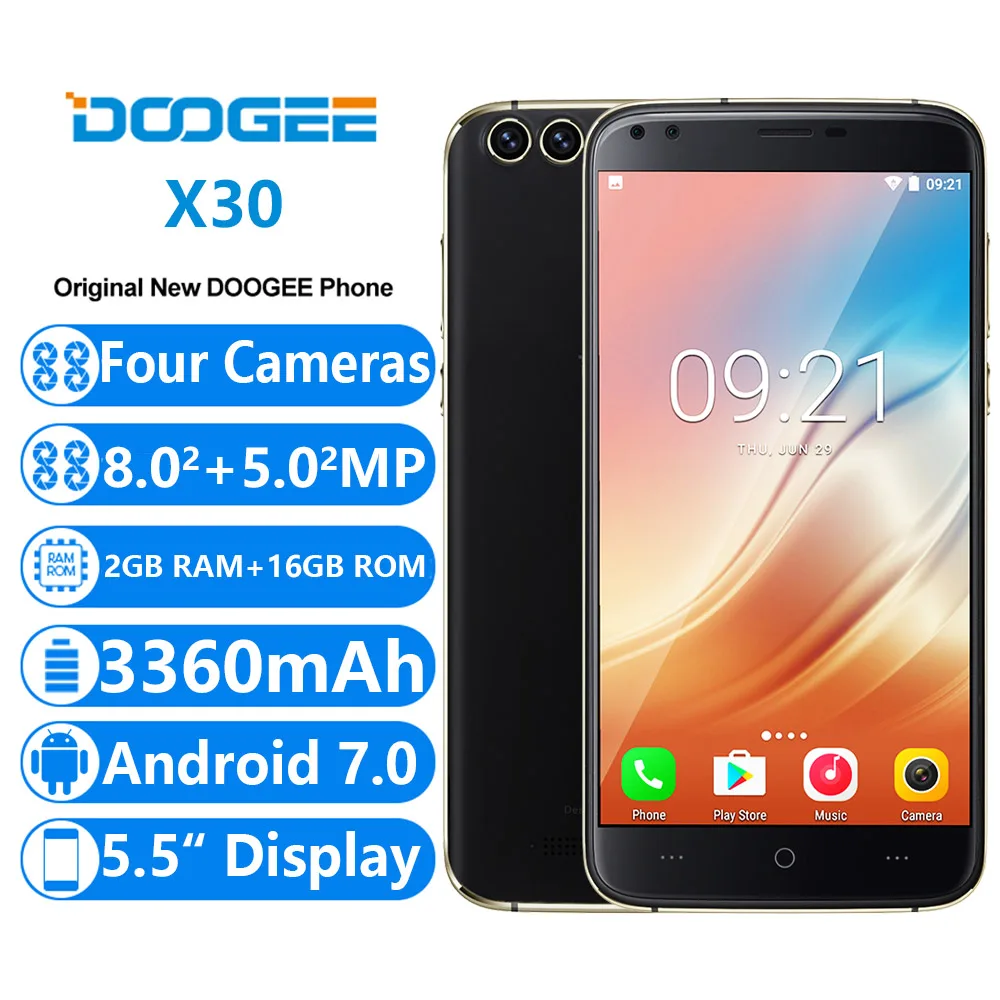 DOOGEE X30 смартфон с четырёхъядерным процессором MTK6580A ОЗУ 2 Гб ПЗУ 16 Android 7 0 3360 мАч|quad