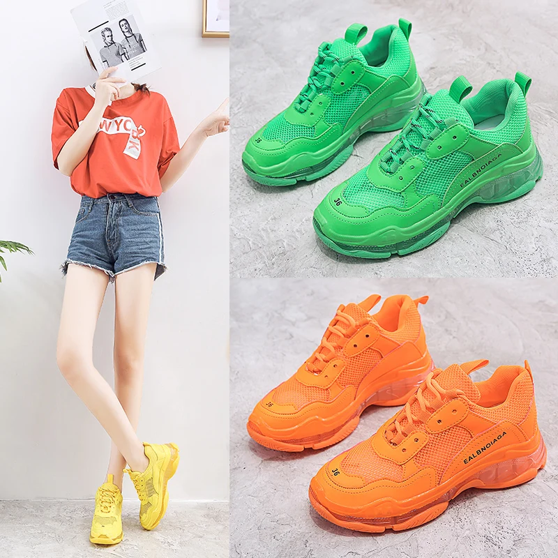 

2019 Crystel Women's Chunky Sneakers Summer Breathable Mesh Casual Outdoor Sports Shoes Fluorescent Green Lace Dad Shoes Orange