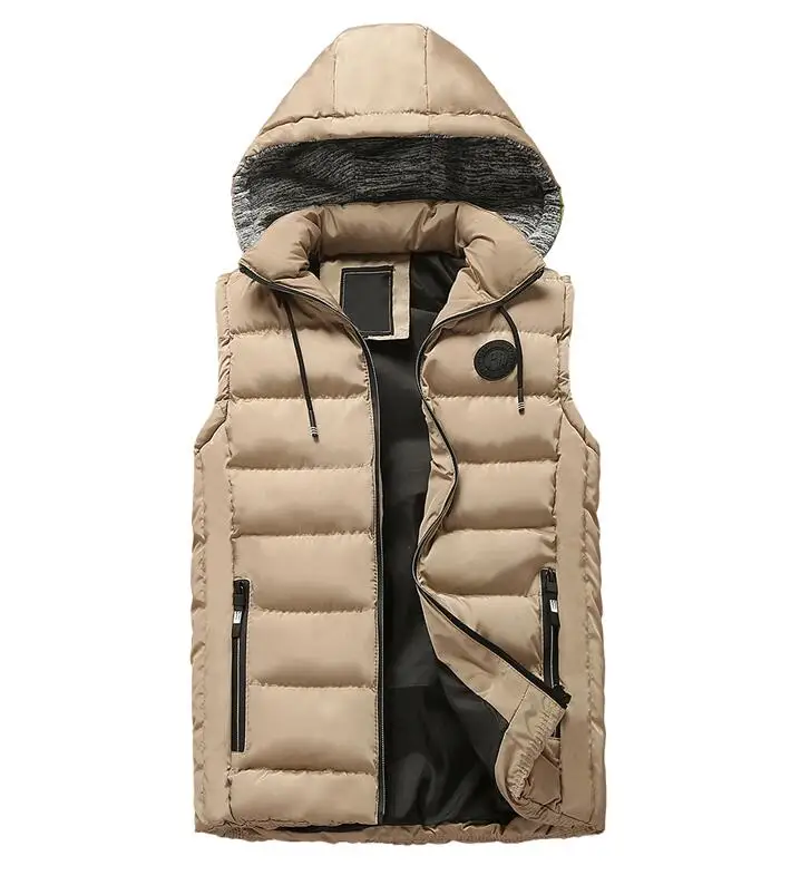 Warm Sleeveless Jacket Men Thickening Cotton Down Vest Hat Hooded Vest Winter Waistcoat for Male Casual Tank Windbreaker - Цвет: Khaki