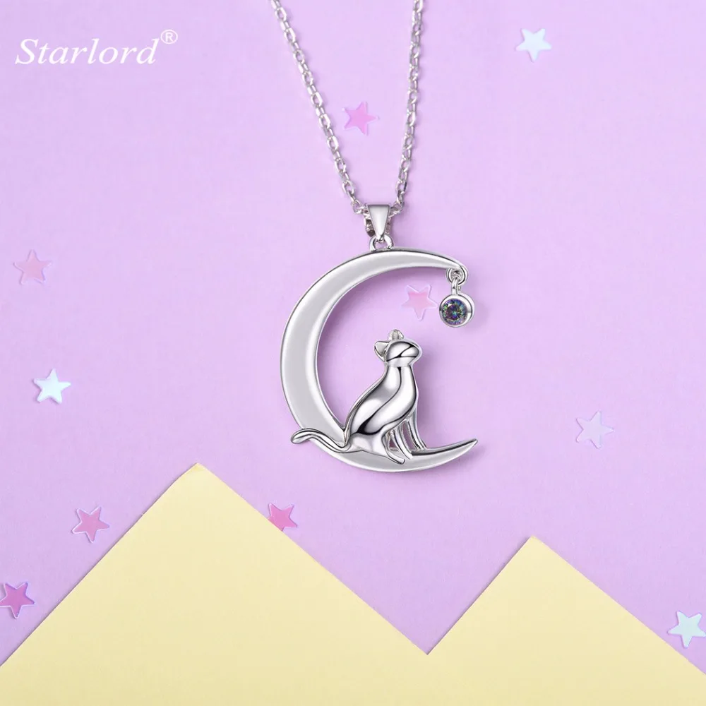 Moon Cat Necklace 925 Sterling Silver Crescent Jewelry Cat on the Moon