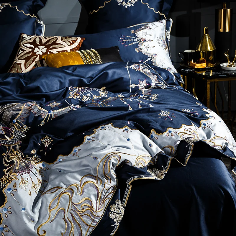 1000TC Комплект постельного белья из египетского хлопка синего и фиолетового цвета, роскошный комплект постельного белья, пододеяльник с вышивкой