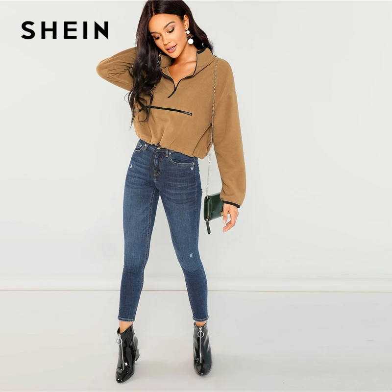  SHEIN Coffee Casual Minimalist Solid Half Placket Zipper Up Stand Collar Pullover Sweatshirt Autumn