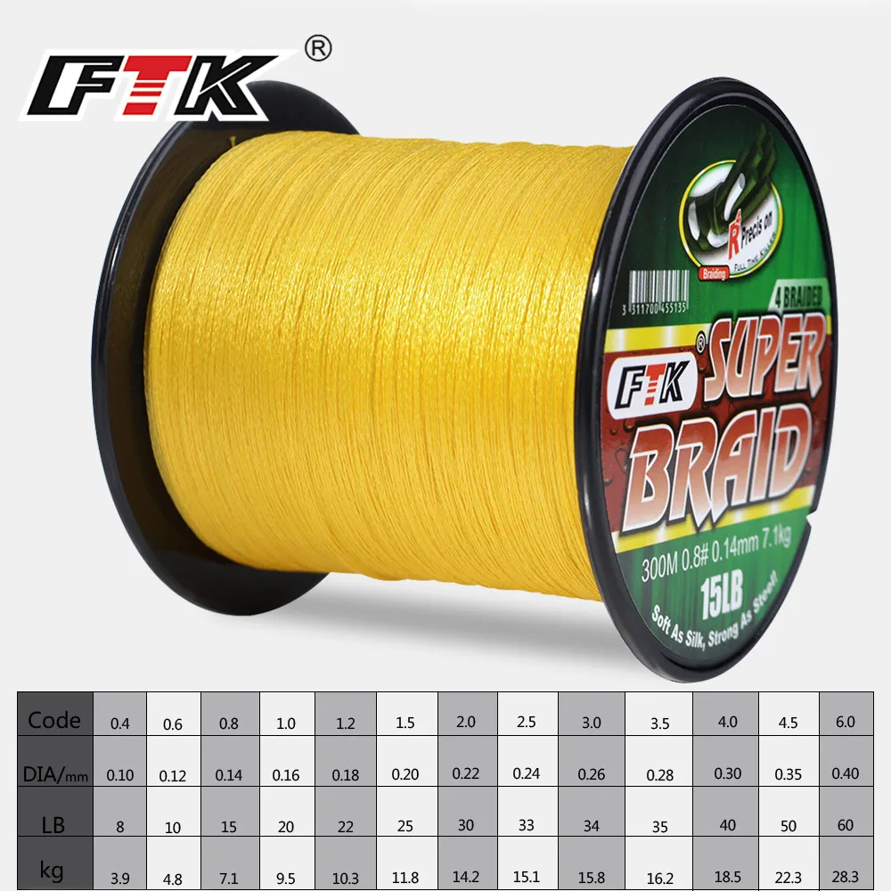 FTK Braided Wire 300M PE Braided Fishing Line 0.4-6.0 Code 4 Strands 8LB 10LB 20LB 60LB PE Braided Multifilament Fishing Line 2
