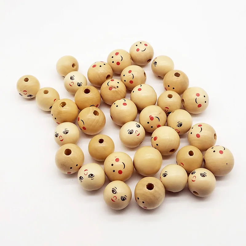 

20pc/lot Natural Wood Natural Ball Round Spacer Wooden Beads Eco-Friendly Lovely Girl Smiling Face Wood Bead Jewelry Findings