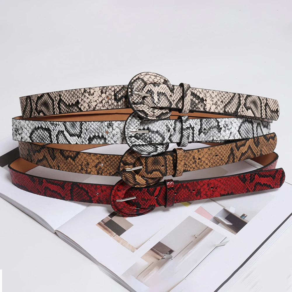 

Fashion 2.7cm Wide Snake Skin Belts For Women Female PU Leather Round Pin Buckle Serpentine Jeans Dress Belts