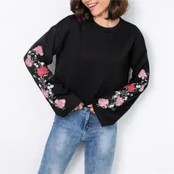 HziriP сладкий вышивка цветочные девушки свежие пуловеры 2019 Новая мода осень плюс размер женские топы Женский черный короткий Свитшот