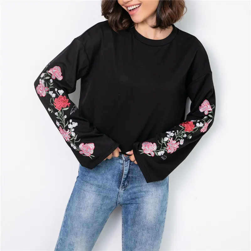 

HziriP Sweet Embroidery Floral Girl Fresh Pullovers 2019 New Fashion Autumn Plus Size Female Tops Woman Black Short Sweatshirt