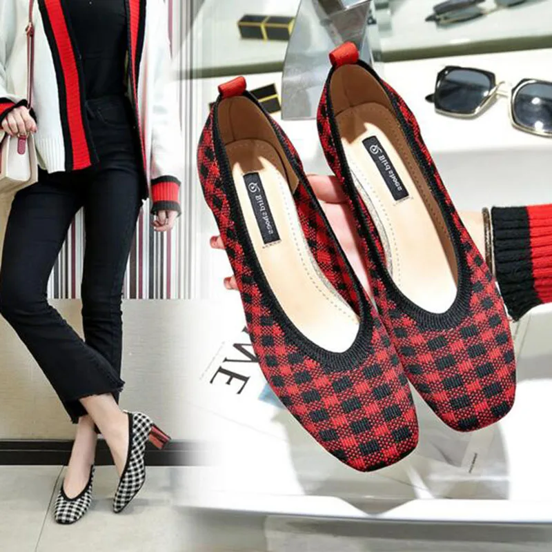 

Mary Janes Style Fashion Ladies Pumps Med Heels Round Toe Stretch Fabric Non-slip Breathable Heels Pumps Shallow Mouth Shoes