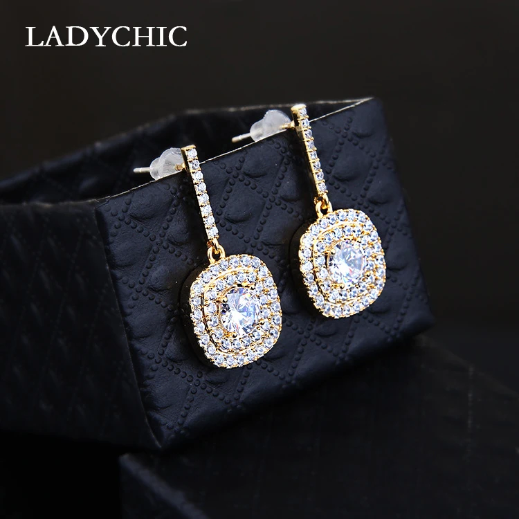 Женские двухслойные серьги подвески LADYCHIC из серебра 925 пробы с цирконом золотого