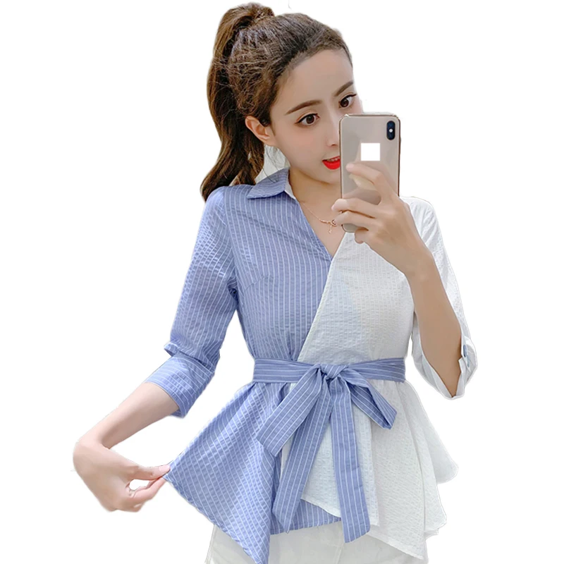 

2019 New Summer V-neck Blouse Shirt Female Patchwork striped Full Sleeve irregular Shirts Women Tops Ladies Clothing With belt