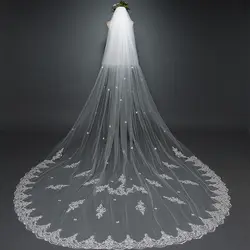 Длинные Свадебные вуали 2019 новый кружевной хвост белый цвет слоновой кости 3,8 м 2 слоя с расческой свадебная вуаль дешевые реальные фото