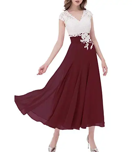 OKOUFEN, платья для матери невесты на свадьбу,, длина до середины икры, короткий рукав, белое кружево, шифон, v-образный вырез, vestido de madrinha - Цвет: Burgundy