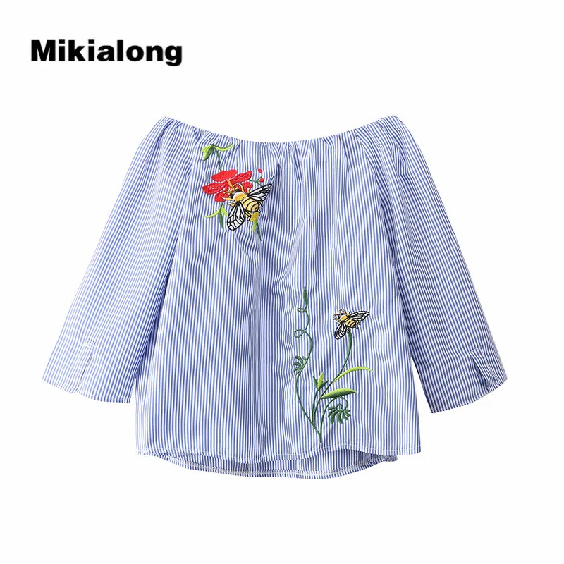 

Mikialong Floral Embroidery Off Shoulder Blouse Casual Black Blue Striped Top Women 2017 Summer 3-4 Sleeve Shirt Women Blouses