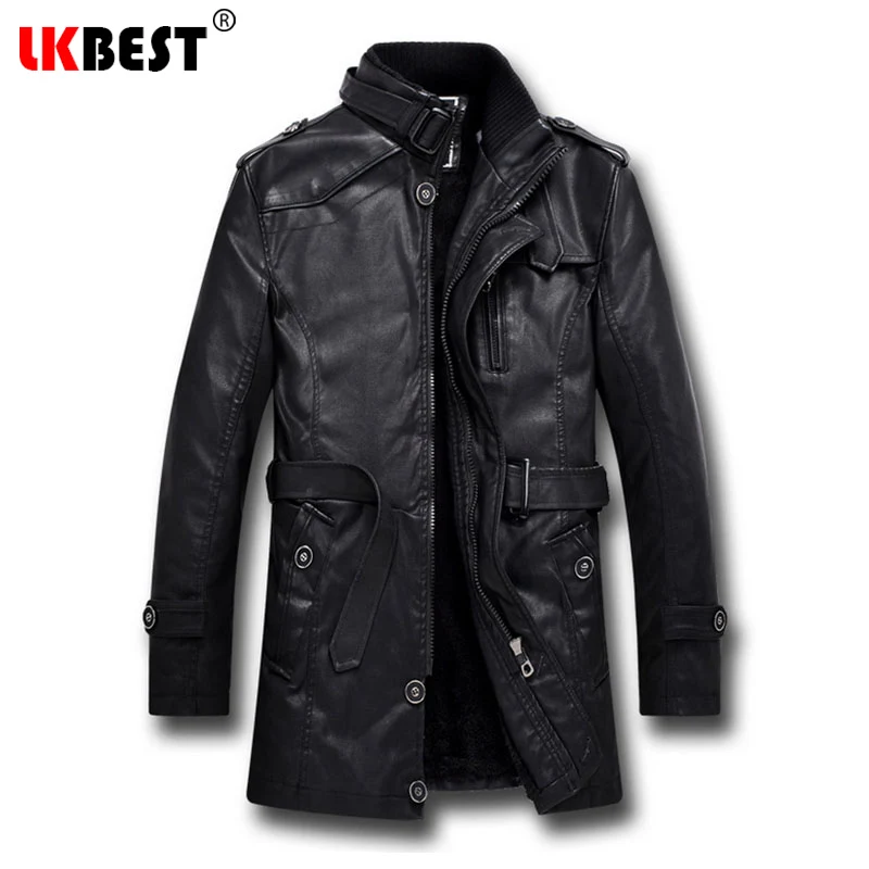 

LKBEST 2019 Men Long Leather Jacket Winter Black Thick winter jacket men Casual Motorcycle Jacket Brand men's overcoat (PY06)