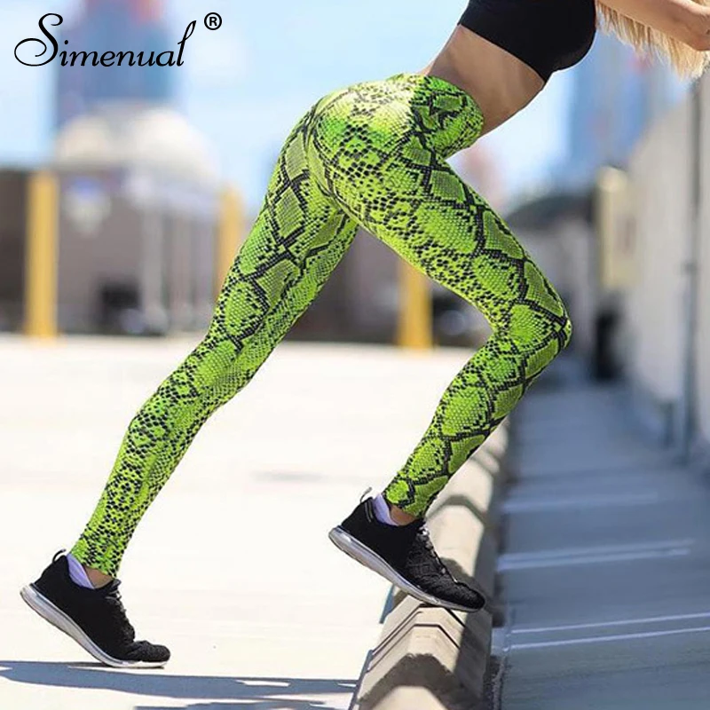 

Simenual Fitness Active Wear Snake Print Neon Leggings High Waist Workout Sporty Pants Elastic Green Women Leggings Athleisure