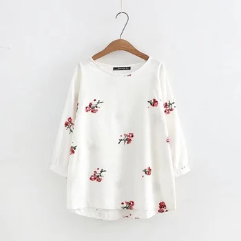 

plus size Embroidery cotton linen loose women T shirts 2017 autumn tee Three Quarter lantern sleeve ladies casual o-neck tshirts