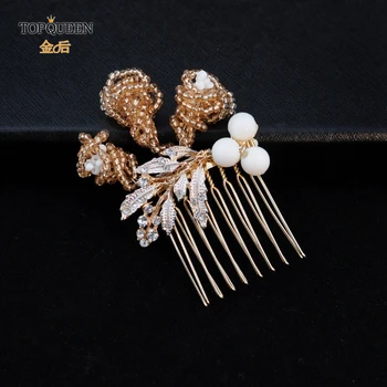 

TOPQUEEN Wedding Hair Comb Gold Leaf ornamental hair comb champagne beads Hair Comb Female Hair Clip Pearl Hair Clips HP145