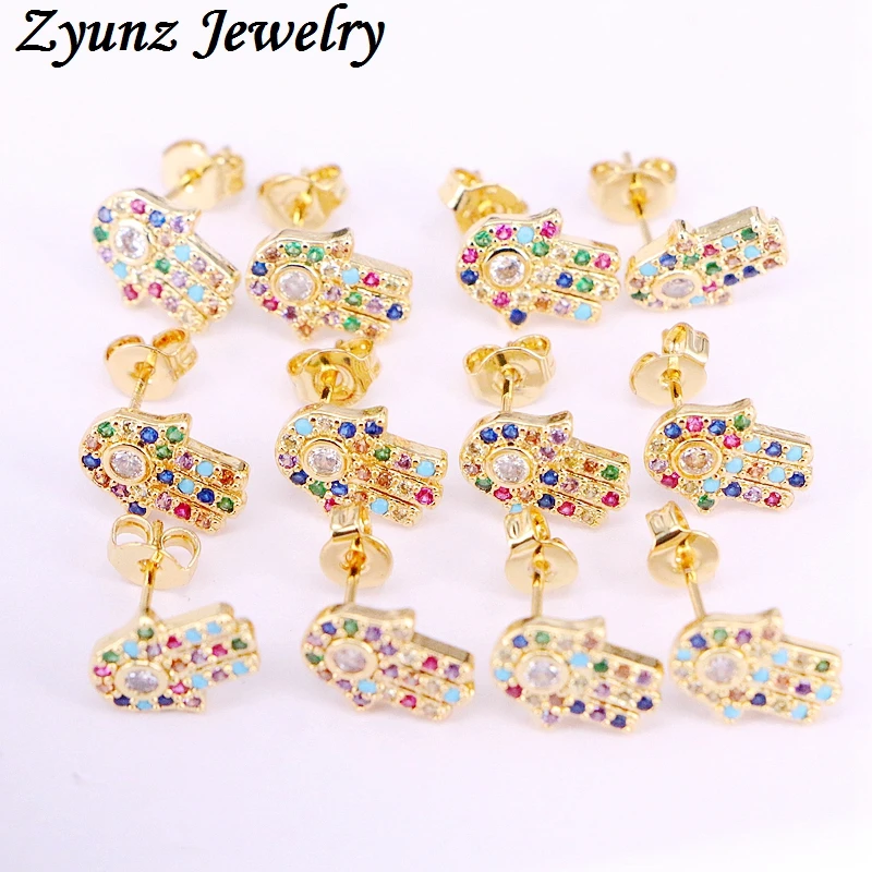 

6 Pairs, Hamsa Hand with Eye Stud Earrings Rainbow CZ Micro Pave Cute Fatima Jewelry Earrings
