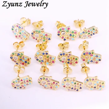

6 Pairs, Hamsa Hand with Eye Stud Earrings Rainbow CZ Micro Pave Cute Fatima Jewelry Earrings