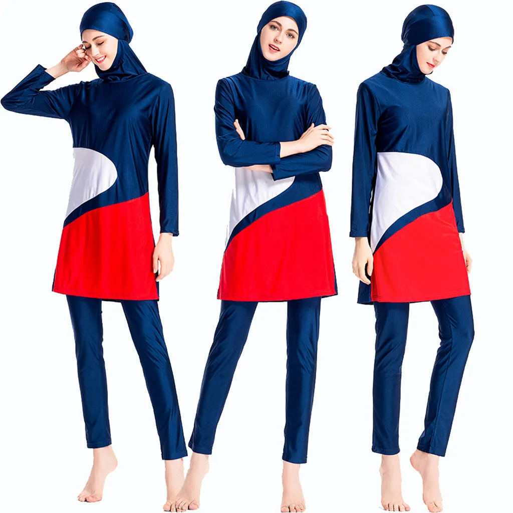 CHAMSGEND летний женский мусульманский консервативный купальник сшивание Тонкий с капюшоном из трех частей пляжная одежда полная пляжная одежда купальник