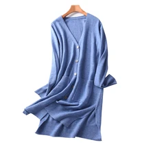 Модный длинный свитер из кашемира, женский кардиган, пальто, Женский вязаный свитер с двойным карманом, шерстяной кардиган с v-образным вырезом