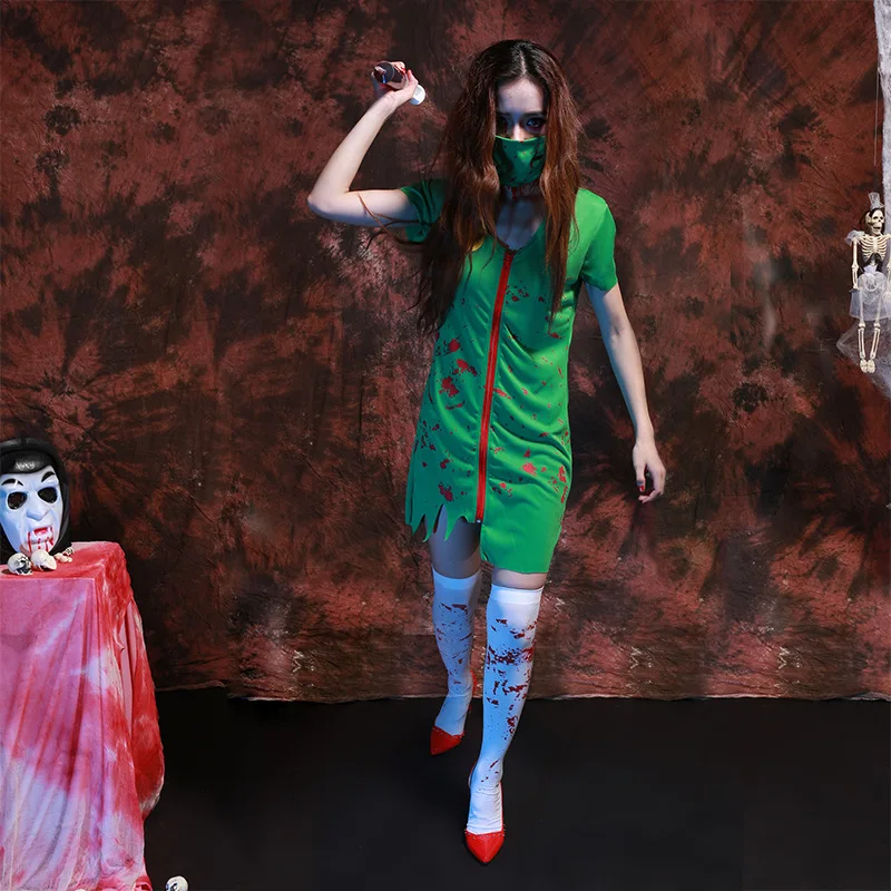 Adult Zombie Scrub Nurse Women Scary Greeen Paramedic Halloween Costume