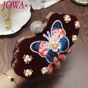 

2019 New Design Women's Evening Bags Chinese Style Mini Handbag Retro Butterfly Clutches Velvet Totes Vintage Wine-red Party Bag