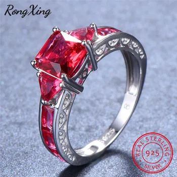 

RongXing Elegant Rose Red Stone Square Birthstone Rings For Women 100% Solid Silver Color Ring AAA Zircon Jewelry SV1011