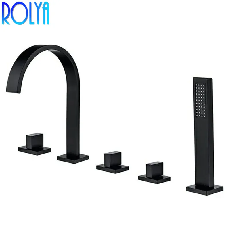 

Rolya Black Roman Tub Faucet Deck Mounted 5 Hole Bathtub Faucet Mixer Tap with Hand shower 2018 New Promotion