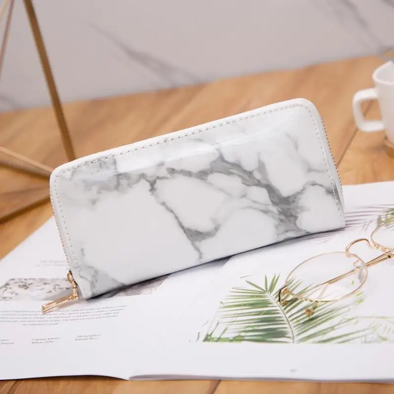 Creative Casual Women Lady Marble Patent Leather Long Clutch Girls Zipper Card Coin Holder Wallets Purses leather bag black