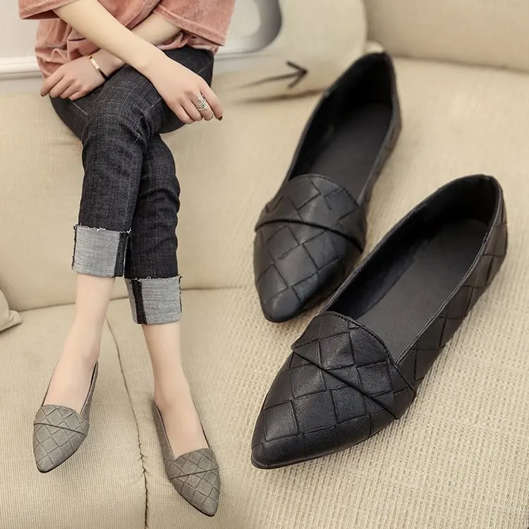 

Woman Flats Pointed Toe Slip on Shoes Woman Ballet Flats PU Leather Loafers Boat Shoes Weave Ladies Shoes Zapatos Mujer889