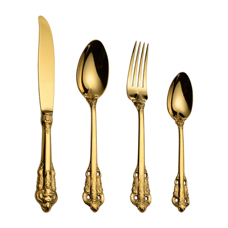 

IRONX Luxury Court Cutlery Set 18/8 Stainelss Steel Golden Western Flatware Set As Gift For Christmas 4 Pcs/ Set