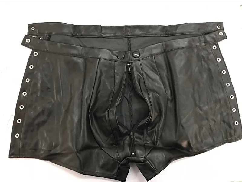Искусственная кожа мужские шорты-боксеры Экзотическая одежда секс Выдалбливают ремешками нижнее белье сексуальное черное Wetlook короткие брюки H6624