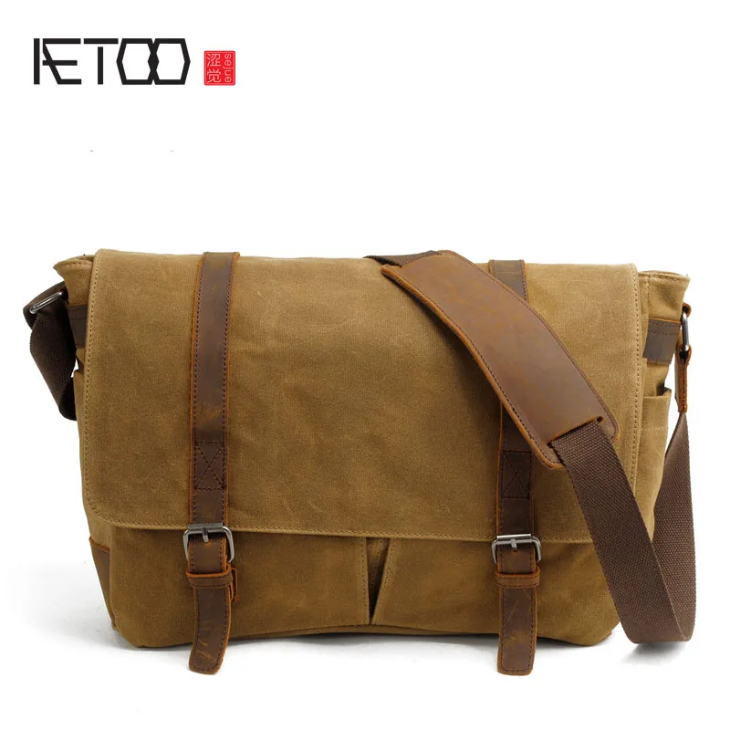 

AETOO Oil Wax canvas bag shoulder bag waterproof large men Messenger bag with leather computer bag