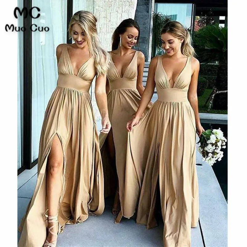 Elegant Satin V-neck Neckline Floor-length A-line Bridesmaid Dresses With Slit