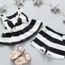 Helen115 Casual Newborn Baby Kids Girl Bowtie Striped Sleeveless Dress T-shirt+Shorts 2PCS Set 0-5Y