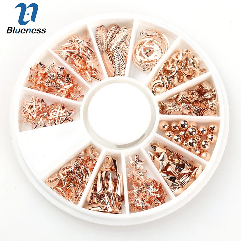 

Blueness Rose Gold 3D Nail Metal Copper Star Moon Feather Design Rhinestones Nails Art Decorations Studs Manicure Wheel Tips