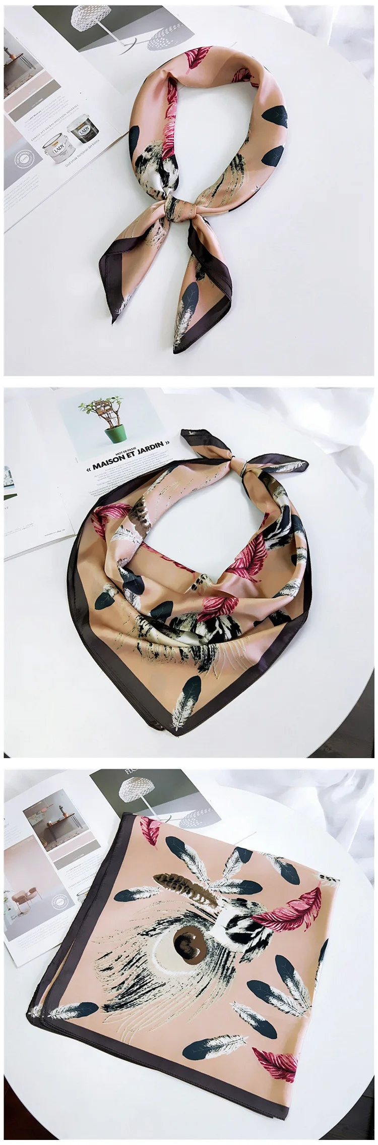Женский квадратный шарф 70*70 см четыре сезона белый перо печати шифон шелковые шарфы офисные женские Ободки Бандана
