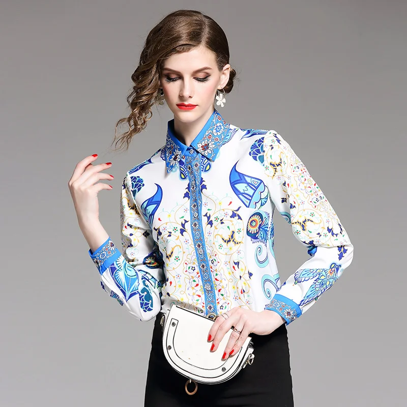 2019 New Spring Summer Designer Office Lady Blouse and Shirt Long Sleeve Women Print Vintage Casual Womens Tops and Blouses