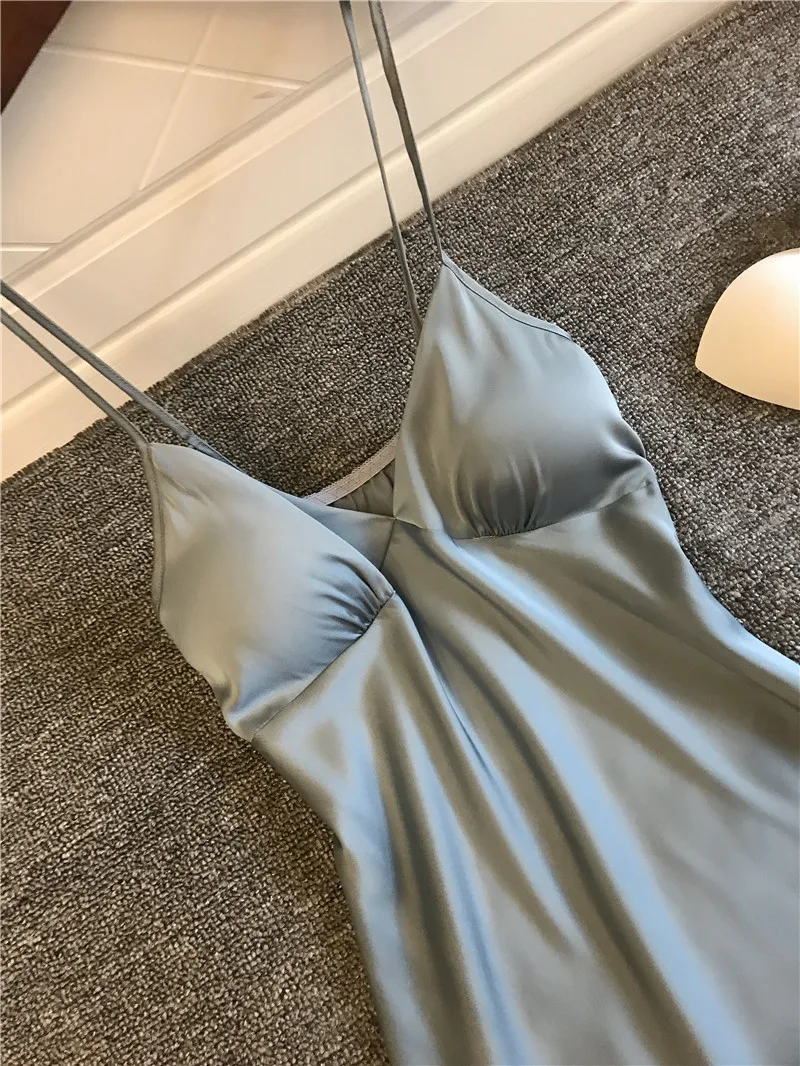 Queenral Women's Sleepwear Nightgown Summer Night Dress Silk Satin Sleepshirts Sexy Nightie Sleeveless Night Gown With Chest Pad5