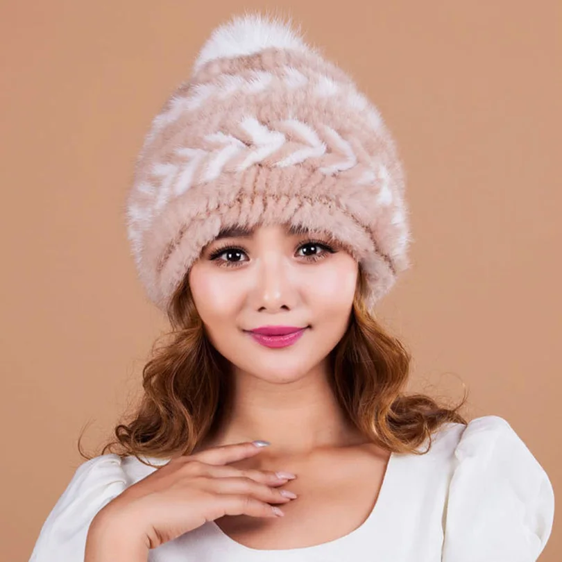 

mink fur knitting hat for women cap natural Fur Skullies & Beanies knitted hat female cap top quality fur Genuine fur women hats