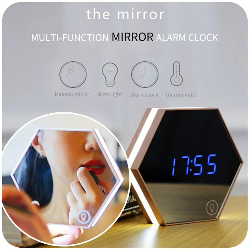 

2019 Multi-function Mirror Alarm Thermometer Makeup Mirror Night Light motion sensor light led night light led bedside lamp