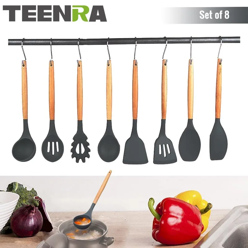 TEENRA 8 шт., набор кухонной посуды из пищевого силикона, антипригарные инструменты для приготовления пищи, набор силиконовой посуды, лопатка, половник, шлицевая лопатка